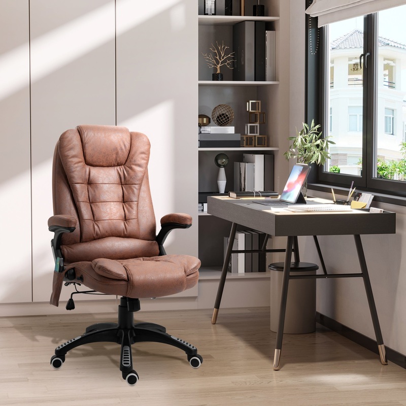 Massage Recliner Chair Heated Office Chair with Six Massage Points Microfiber Cloth 360 Swivel Wheels Brown