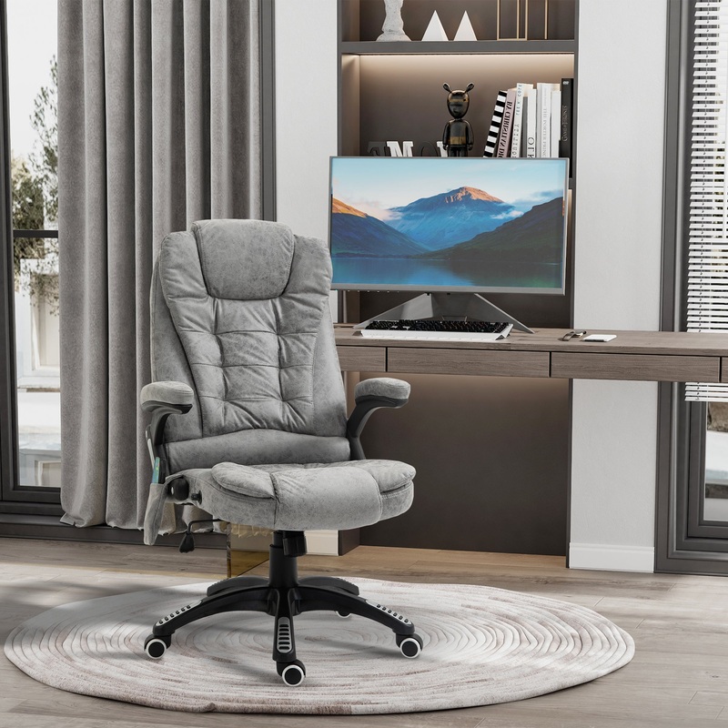 Massage Recliner Chair Heated Office Chair with Six Massage Points Microfiber Cloth 360 Swivel Wheels Grey