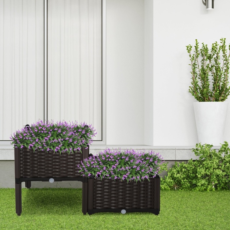 Set of 2 Garden Raised Bed Elevated Patio Flower Plant Planter Box PP Vegetables Planting Container, Brown