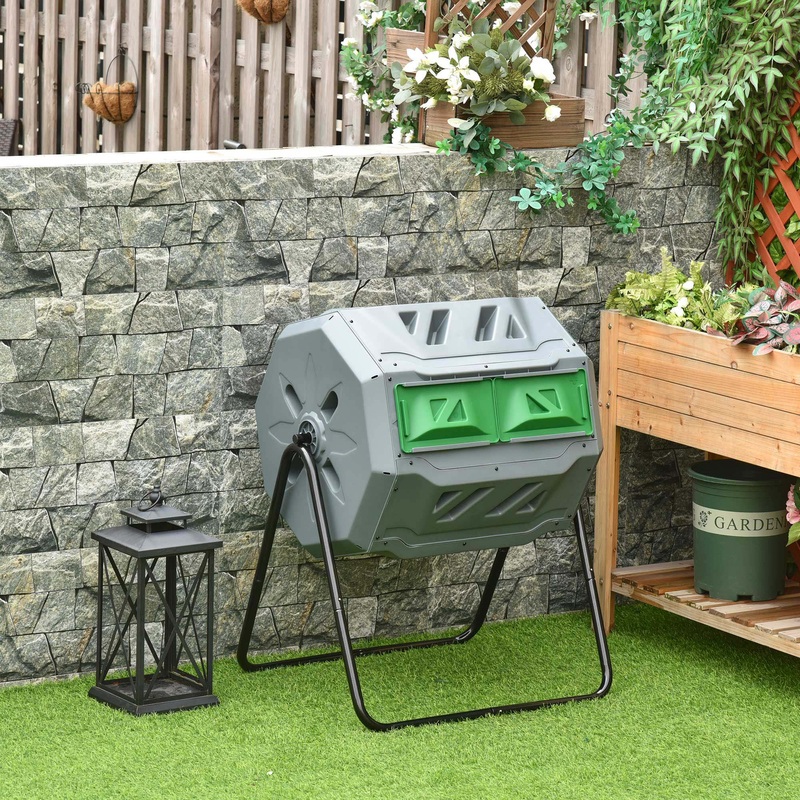 160L Tumbling Compost Bin Outdoor Dual Chamber 360 Rotating Composter w/ Sliding Doors & Solid Steel Frame, Grey