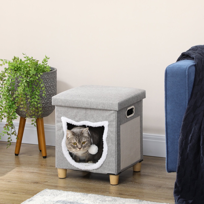 2 in 1 Cat Bed Ottoman, Comfortable Cat Sleeping Cave House w/ Removable Cushion, Scratching Pad, Handles, Anti-Slip Foot Pad, Toy Ball, Entrance – Grey