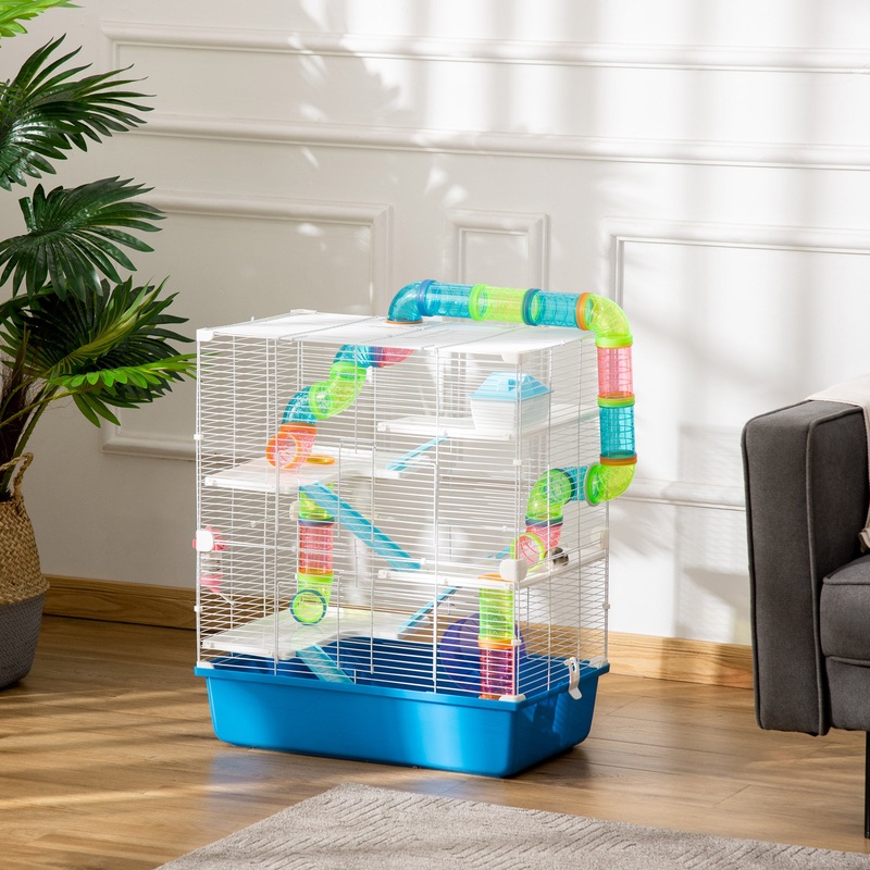 Hamster Cage with Tunnel Tube System, 5 Level Gerbil Haven with Water Bottle, Exercise Wheel, Food Dish, Ramps 59 cm x 36 cm x 69 cm – Blue