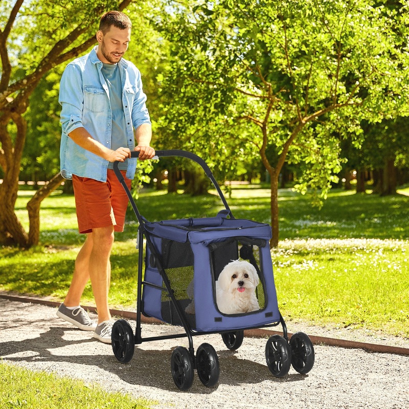 One-Click Foldable Pet Stroller, Dog Cat Travel Pushchair w/ EVA Wheels, Storage Bags, Mesh Windows, Doors, Safety Leash, Cushion, for Small Pets – Blue