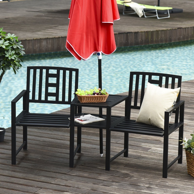 Patio Tete-a-tete Chair 2 Seat Bench Middle Coffee Table w/ Umbrella Hole for Outdoors Decorative Slatted Design Steel Frame Black