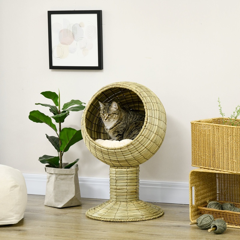 Raised Cat House, Natural Mat Grass Cat Bed, Kitten Cave with Cushion, Detachable Top, Yellow, 41x 69 cm