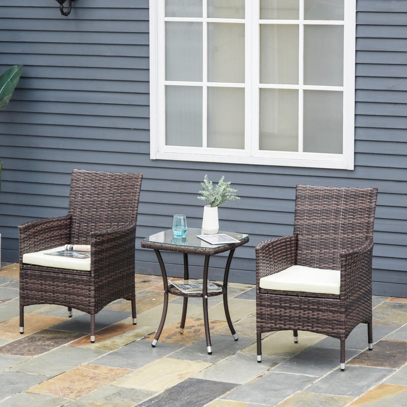 Set of 2 Outdoor Rattan Garden Chairs with Armrests & Cushions – Mixed Brown