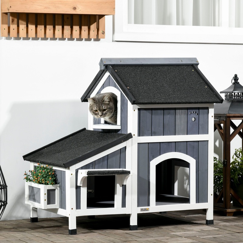 Wooden Outdoor Cat House with Flower Pot, Windows, Multiple Entrances, Water-Resistant Roof – Grey