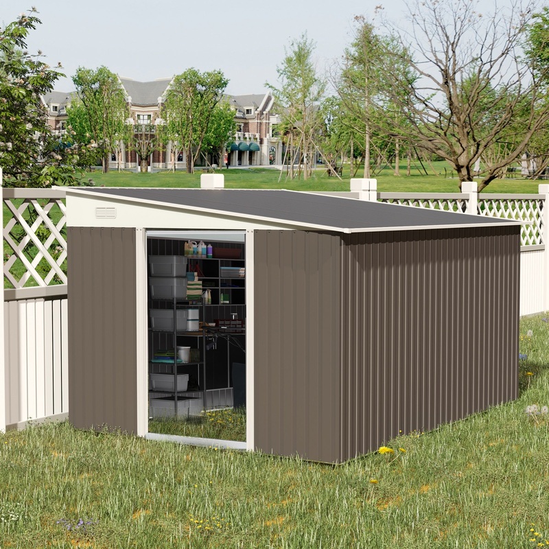 11 x 9 ft Metal Garden Storage Shed Sloped roof Tool House with Double Sliding Doors and 2 Air Vents, Grey