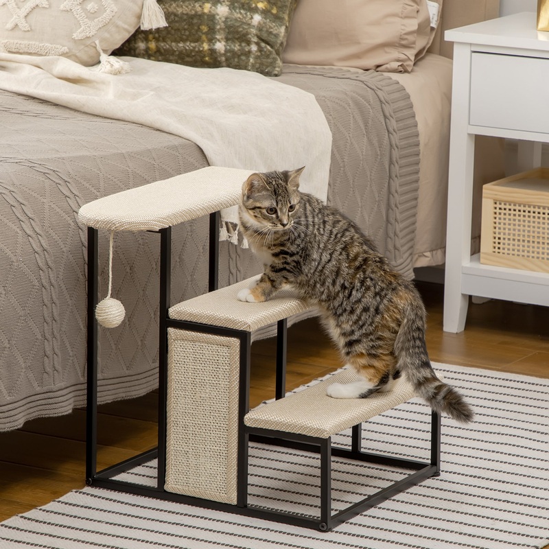 3 Steps Dog Stairs, Pet Steps for Cat for Sofa and Bed with Sisal Scratching Board, Hanging Toy Ball, 47 x 45 x 47cm – Cream White