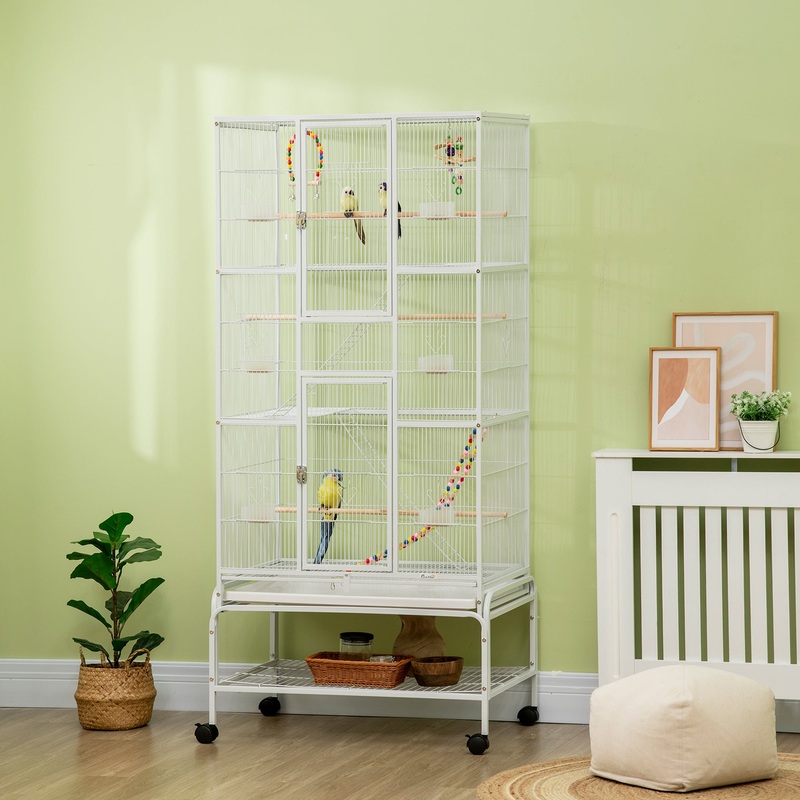 3 Tier Bird Cage with Stand, Wheels, Toys, Ladders, for Canaries, Finches, Cockatiels, Parakeets, Budgie Cage with Accessories, Storage Shelf – White
