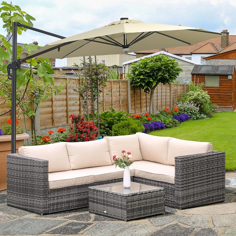 3Pcs Rattan Garden Furniture 4 Seater Outdoor Patio Corner  Chair Set with Coffee Table Thick Cushions, Beige