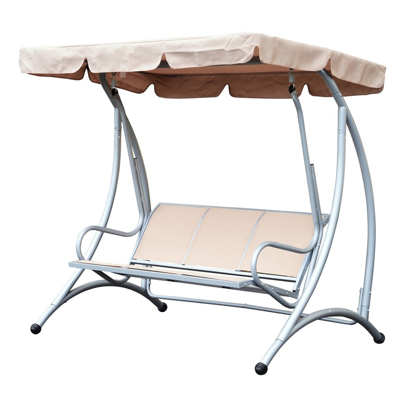3 Seater Bench Steel Outdoor Patio Porch Swing Chair with Adjustable Canopy – Beige