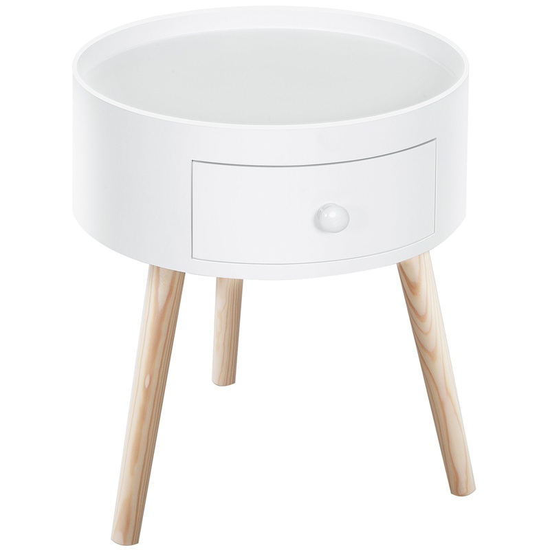 Modern Round Coffee Table Wooden Side Table Living Room Storage Unit w/Drawer Wood Leg – White