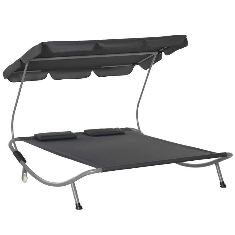Patio Double Hammock Sun Lounger Bed w/ Canopy Shelter, Wheels & 2 Pillows, Grey