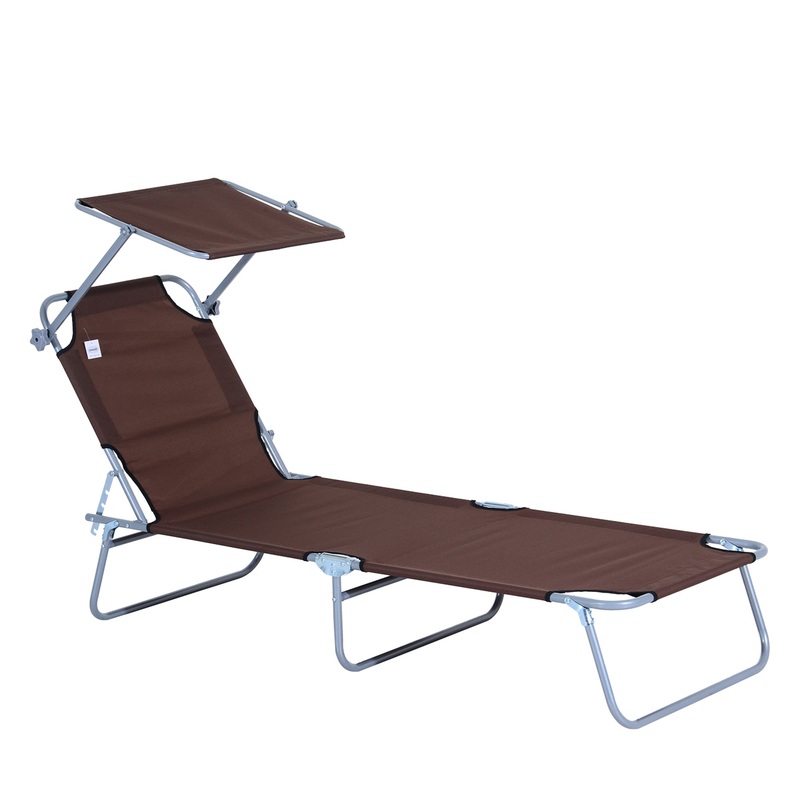 Reclining Chair Sun Lounger Folding Lounger Seat with Sun Shade Awning Beach Garden Outdoor Patio Lounger Adjustable (Brown)