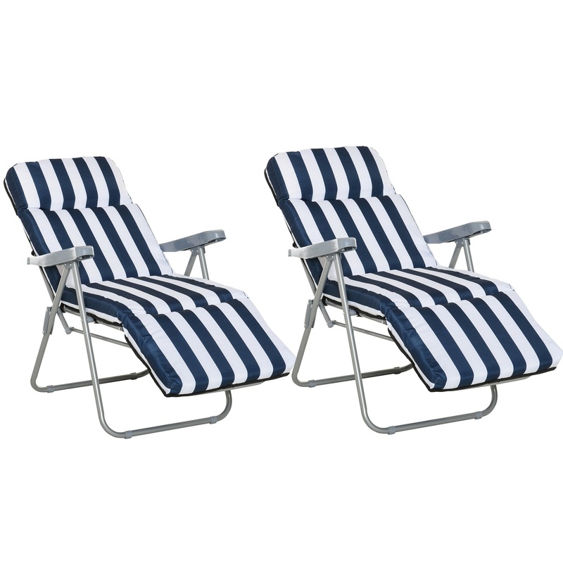 Set of 2 Garden Patio Outdoor Sun Reclining Loungers Folding Foldable Multi Position Relaxers Chairs with Cushions Fire Retardant Sponge