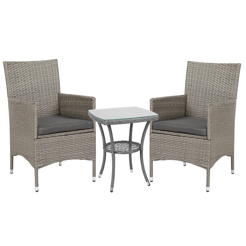 Three-Piece Rattan Bistro Set,with Cushions, Garden Furniture,Wicker Weave Conservatory Companion, Chair Table Set – Grey