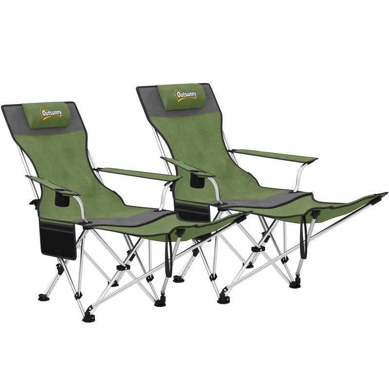 Set of 2 Reclining Camping Chairs, Olive Green and Grey