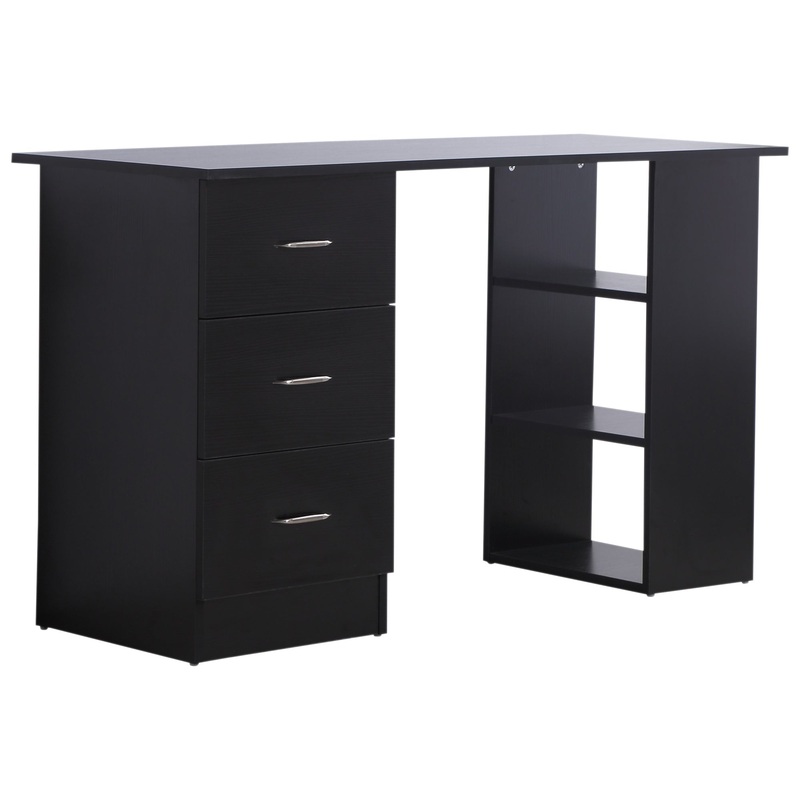 Modern Style Computer Desk Writing PC Table Workstation Laptop Study Stationery Cupboard w/ 3 Shelf & Drawers – Black 120H cm