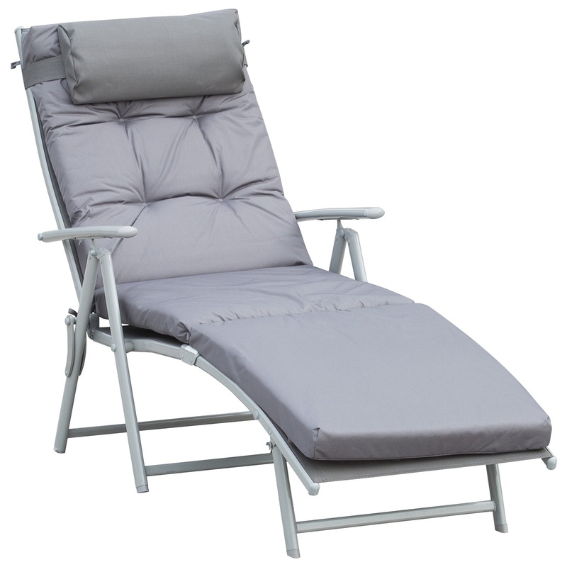 Outdoor Patio Sun Lounger Garden Texteline Foldable Reclining Chair Pillow Adjustable Recliner with Cushion – Grey