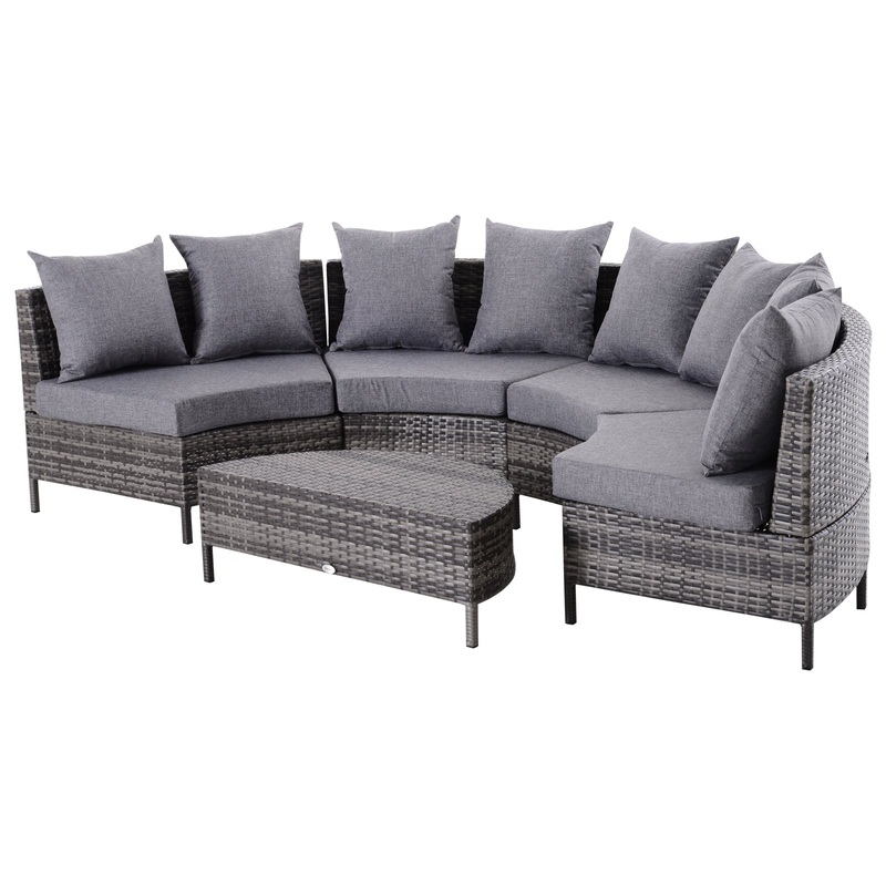 Rattan Garden Furniture 4 Seaters Half-round Patio Outdoor Sofa & Table Set Wicker Weave Conservatory Cushioned Seat with Pillow – Grey