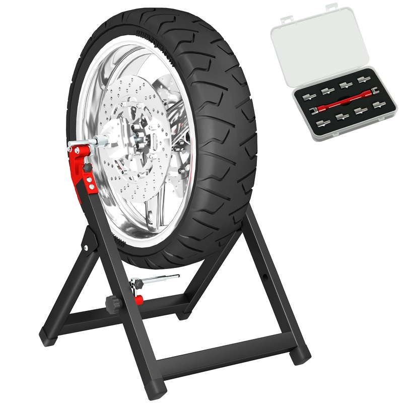 Steel Motorcycle Wheel Balancer Truing Stand with Spoke Wrench, Black