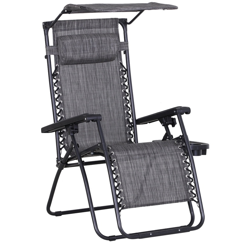 Zero Gravity Garden Deck Folding Chair Patio Sun Lounger Reclining Seat with Cup Holder & Canopy Shade – Grey