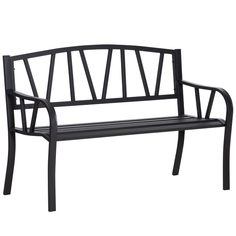 2-Seater Garden Bench Solid Metal Loveseat Outdoor Furniture for Patio Family Chair w/ Decorative Backrest Ergonomic Armrest