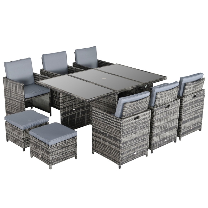 Outdoor 11pc Rattan Garden Furniture Patio Dining Set 10-seater Cube Set Weave Wicker 6 Chairs 4 Footrests & 1 Table Mixed Grey