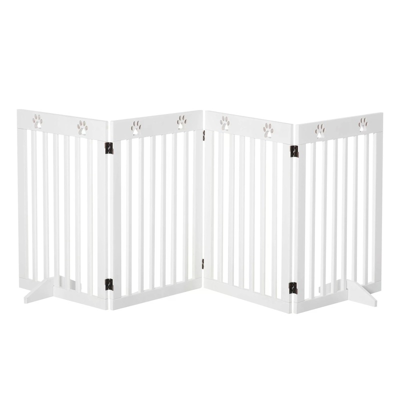 Pet Gate 4 Panel Wooden Foldable Fence Freestanding Dog Safety Barrier with 2 Support Feet for Doorways Stairs 80” x 30” White