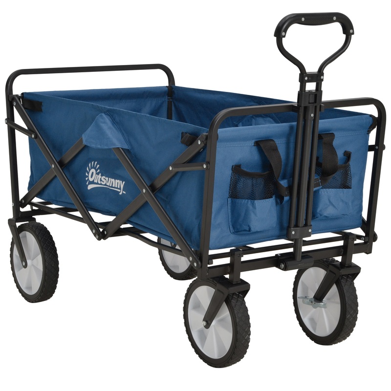 Pull Along Cart Folding Cargo Wagon Trailer Trolley for Beach Garden Use with Telescopic Handle – Blue