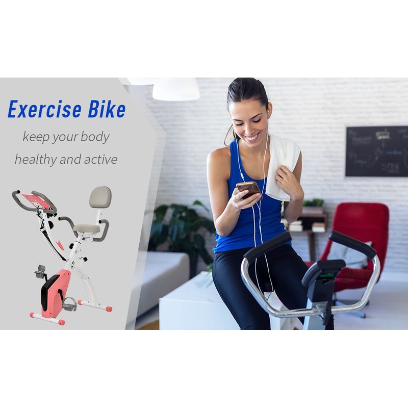 2-in-1 Upright Exercise Bike Stationary Foldable Magnetic Recumbent Cycling with Arm Resistance Bands Pink