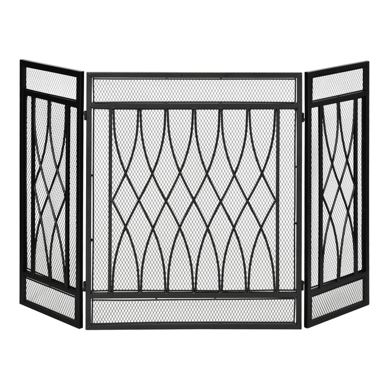 3-Panel Folding Fireplace Screen, Metal Mesh Fire Spark Guard, 126L x 3W x 80H cm-Black