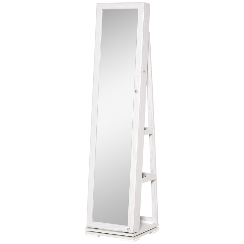360 Swivel Jewellery Cabinet, Mirror Armoire, Full Length Mirror, Lockable Jewellery Organizer with Built-In Small Mirror, White