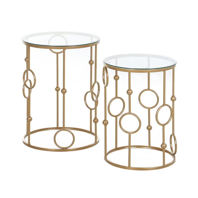 Round Coffee Tables Set of 2, Gold Nest of Tables with Tempered Glass Top, Steel Frame for Living Room, Gold