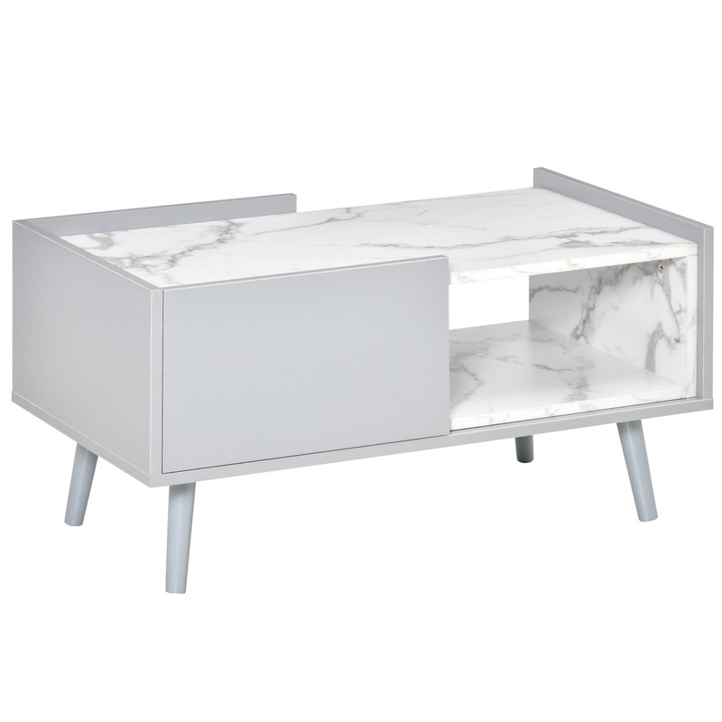 Two-Tone Coffee Table | Duo Storage Side Storage Furniture | Modern Marble Effect w/ Shelf Drawer Table Top Wood Legs Grey – White