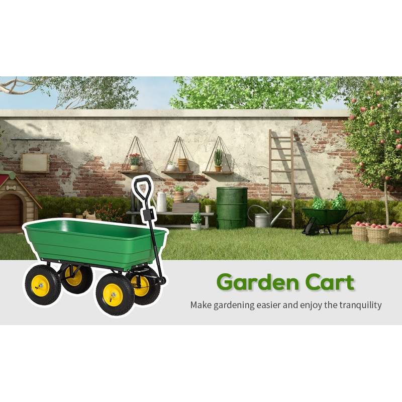 125 Litre Large Garden Cart Heavy Duty 4 Wheel Trolley Dump Wheelbarrow Tipping Truck Trailer – Green