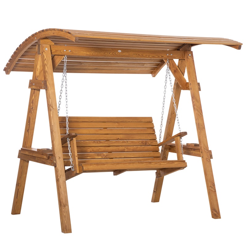 2 Seater Garden Swing Chair, Outdoor Canopy Swing Bench with Adjustable Shade and Solid Wood Frame