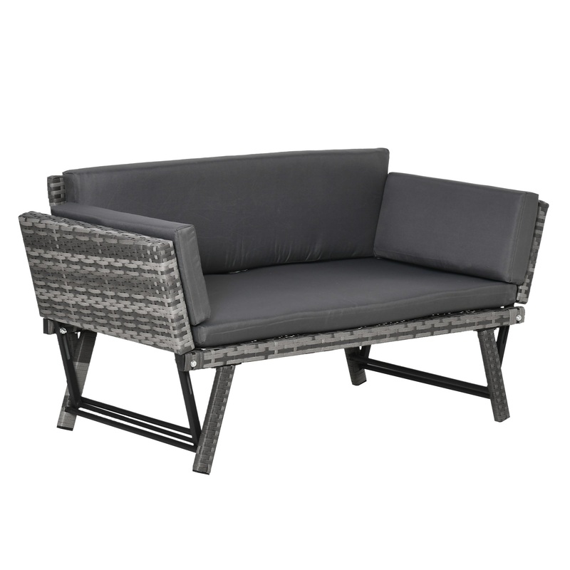 2 Seater Rattan Folding Daybed  Bench Garden Chaise Lounger Loveseat with Cushion Outdoor Patio Grey