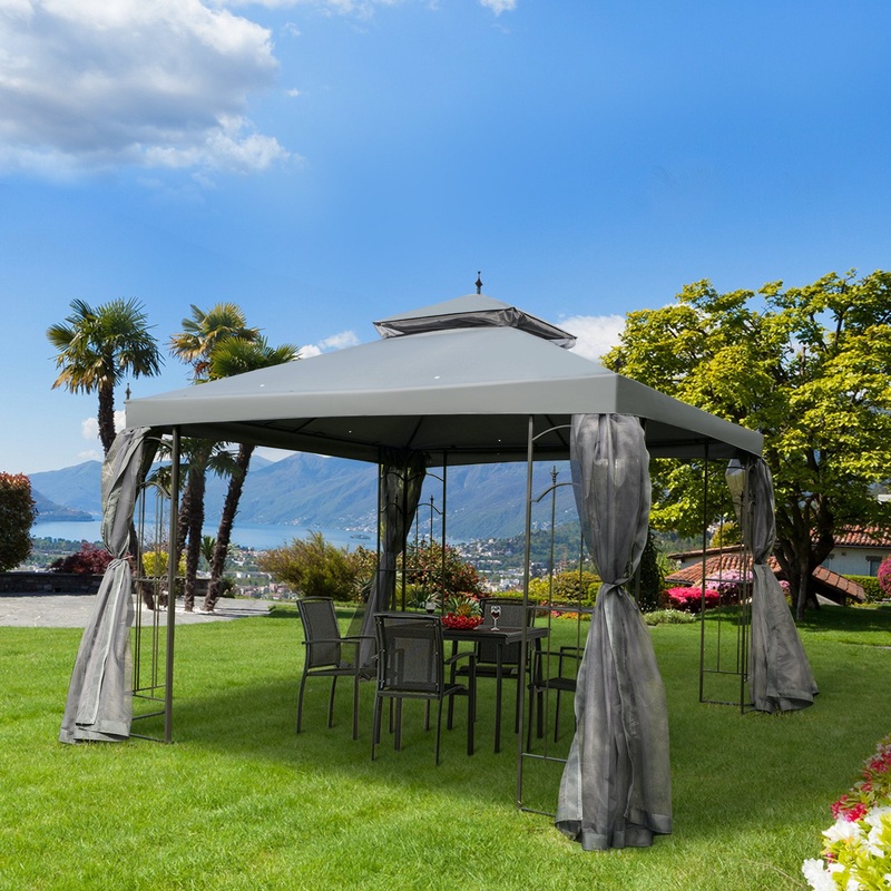 3(M)x3(M) Garden Gazebo Double Top Outdoor Canopy Patio Event Party Wedding Tent Backyard Sun Shade with Mesh Curtain – Grey