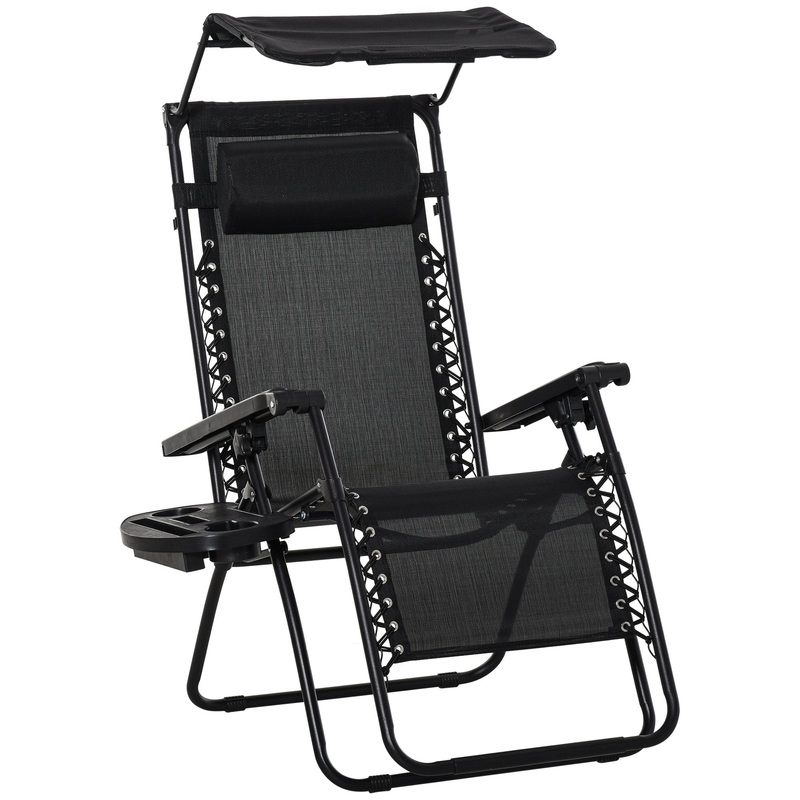 Zero Gravity Garden Deck Folding Chair Patio Sun Lounger Reclining Seat with Cup Holder & Canopy Shade – Black