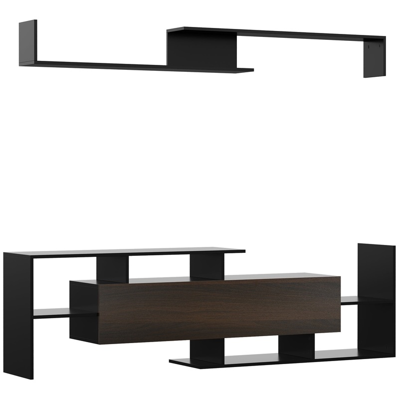 Modern TV Cabinet with Wall Shelf, TV Unit with Storage Shelf and Cabinet, for Wall-Mounted 65 TVs, Living Room Bedroom, Black and Brown