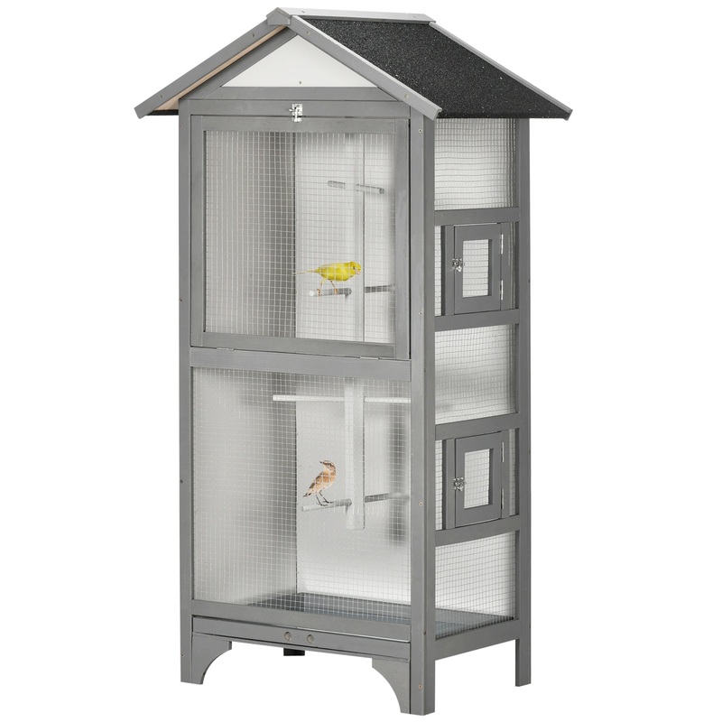 Wooden Outdoor Bird Cage, for Finches and Canaries, with Removable Tray, Asphalt Roof – Grey