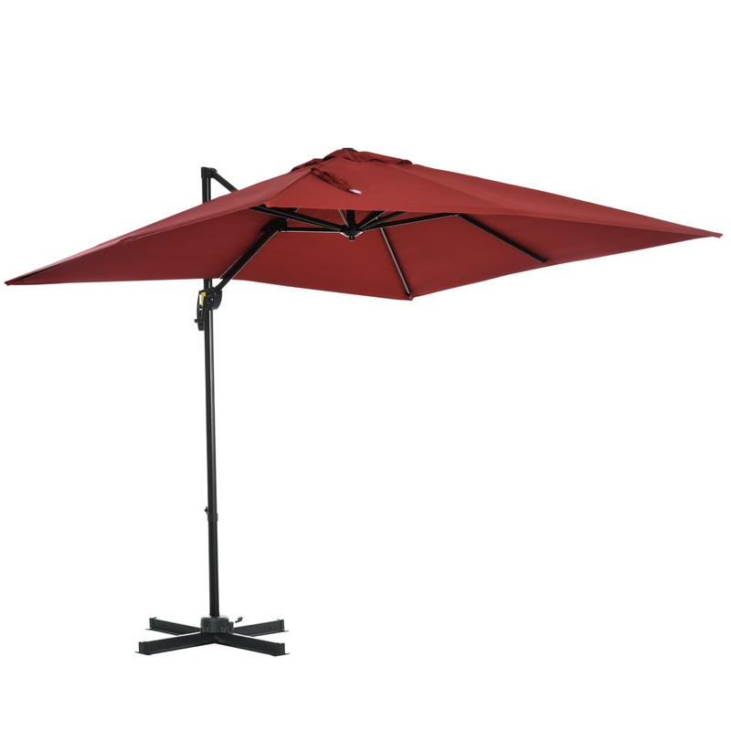 2.5×2.5m Patio Offset Parasol Umbrella Cantilever Hanging Aluminium Sun Shade Canopy Shelter 360Rotation w/Crank Handle Cross Base Wine Red