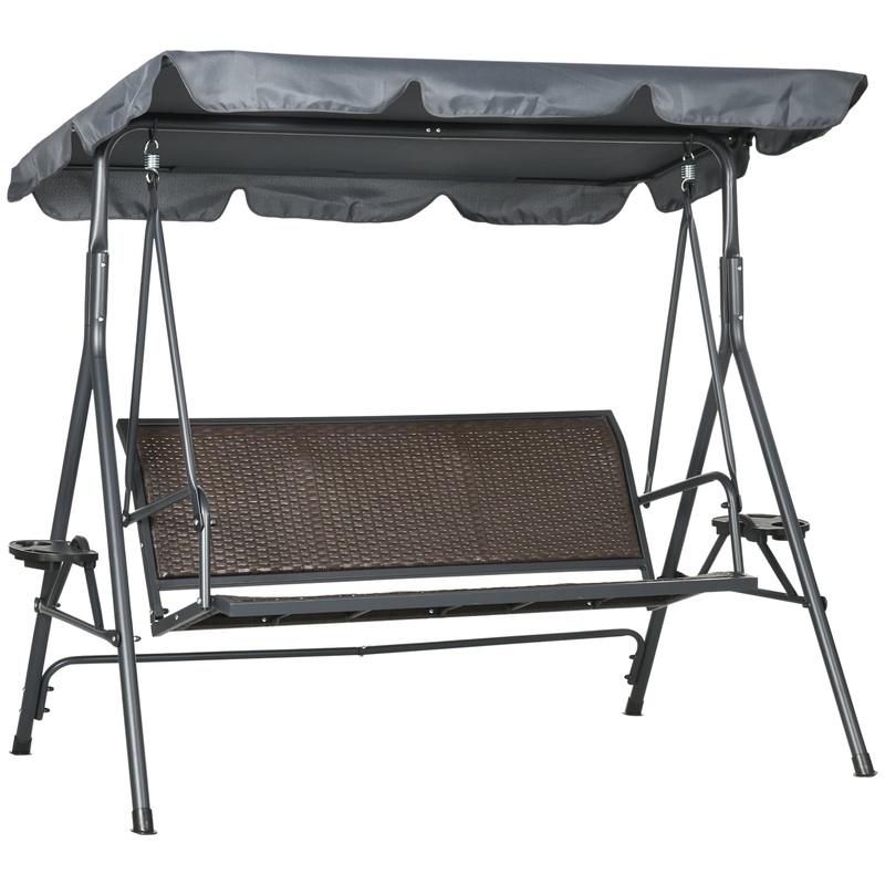 3 Seater Swing Chair, Garden Swing Seat Bench with Adjustable Canopy, Rattan Seat, and Steel Frame for Patio, Yard