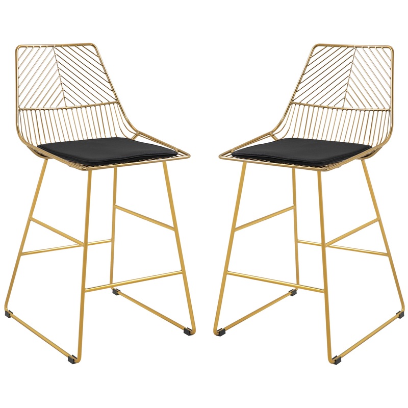 Set of 2 Bar stools Modern Counter Height Wire Metal Bar chairs for Kitchen, Bar Counter, Gold
