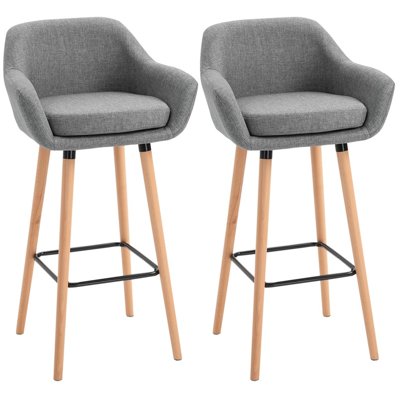 Set of 2 Bar Stools Modern Upholstered Seat Bar Chairs w/ Metal Frame, Solid Wood Legs Living Room Dining Room Fabric Furniture – Grey