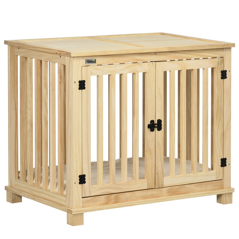 Wooden Dog Crate, with Double Doors, Cushion, for Medium Dogs – Natural Finish
