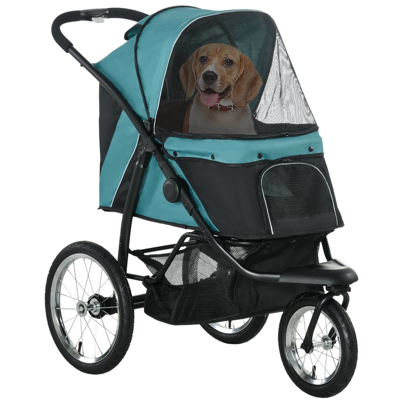 Pet Stroller Jogger for Medium, Small Dogs, Foldable Cat Pram Dog Pushchair w/ Adjustable Canopy, 3 Big Wheels – Green