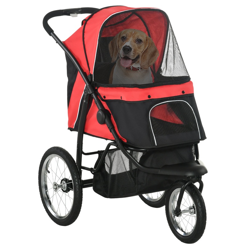 Pet Stroller Jogger for Medium, Small Dogs, Foldable Cat Pram Dog Pushchair w/ Adjustable Canopy, 3 Big Wheels – Red